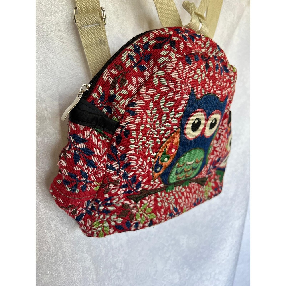 Vintage Whimsy Owl Tapestry Mini Backpack Red Floral Boho Woven Small Rucksack - Picture 3 of 13